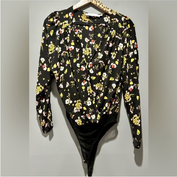 ASTR THE LABEL | Black Floral Surplice Drape Front Sheer Long Sleeve Bodysuit - Picture 2 of 5